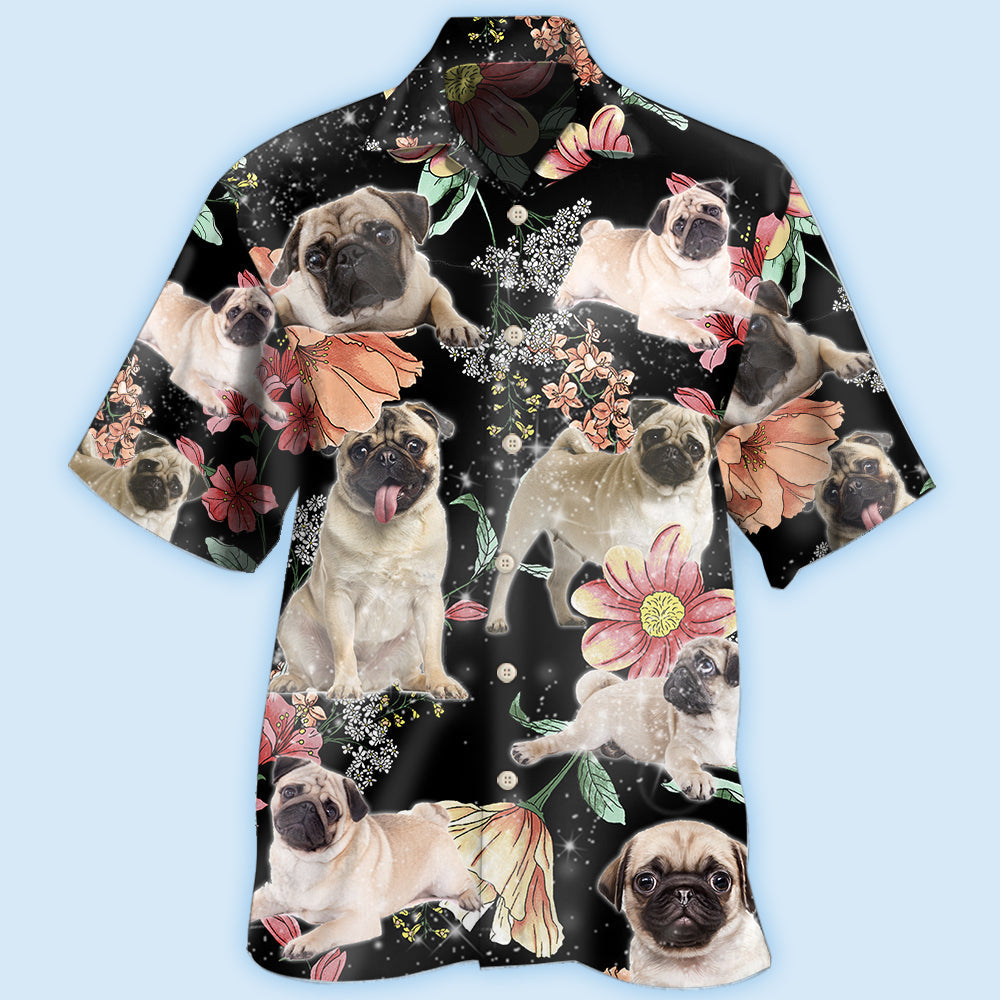 Tropical Floral Pug Hawaiian Shirt With All Over Print For Vacation Getaways Resort Wear And Casual Celebrations