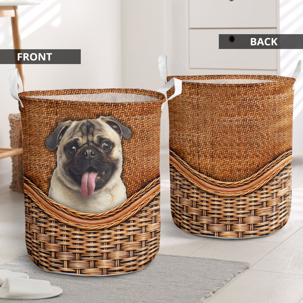 Pug Dog Rattan Texture Laundry Basket For Room Home Organizer