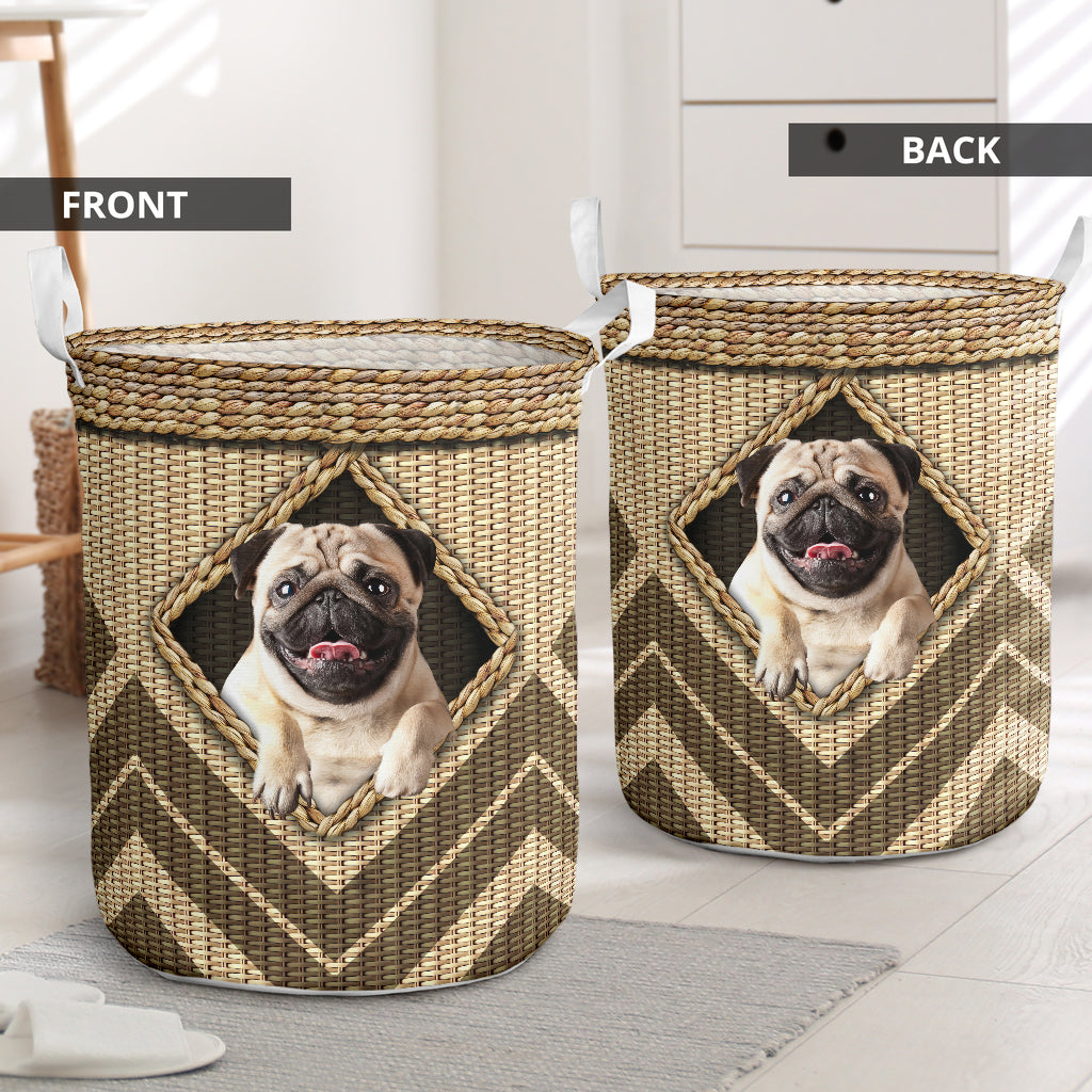 Pug Dog Wicker Texture Hole Laundry Basket For Room Home Organizer