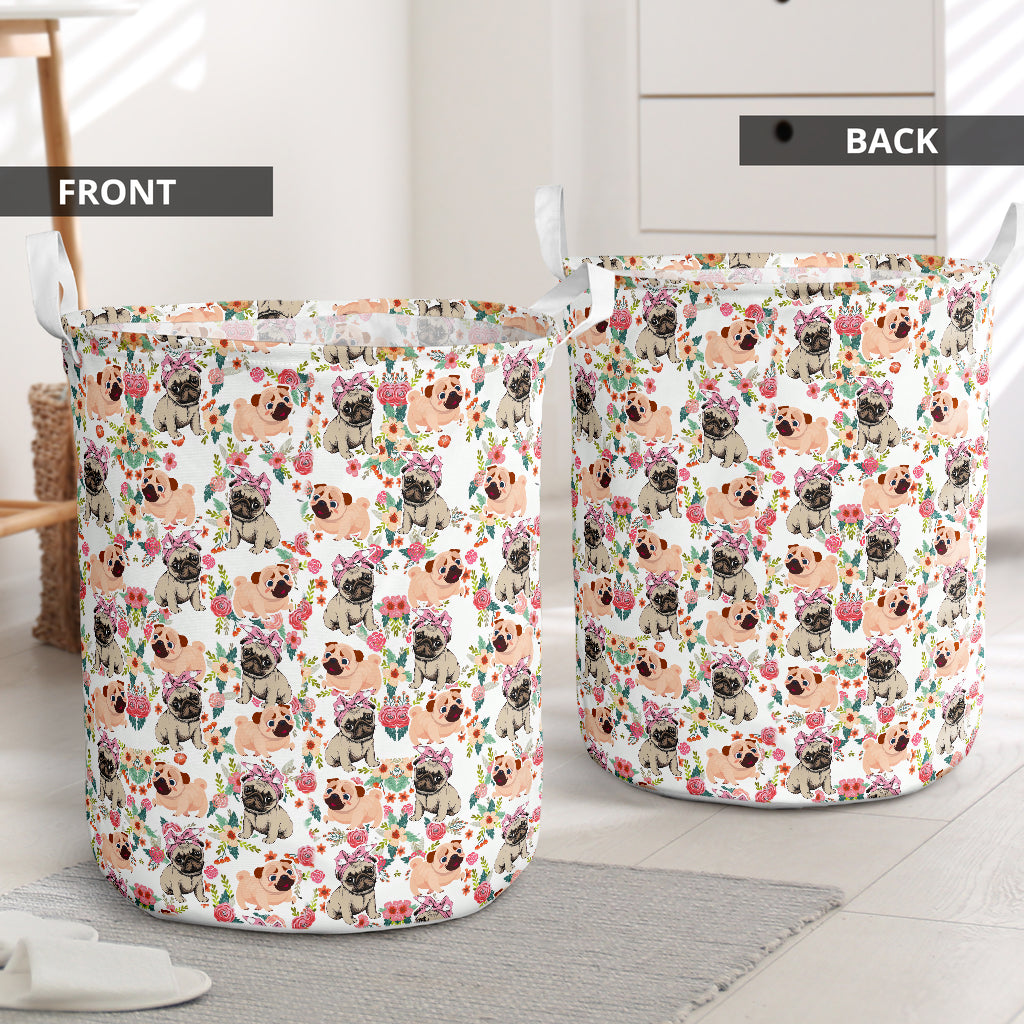 Pug Flower Pattern Laundry Basket For Room Home Organizer