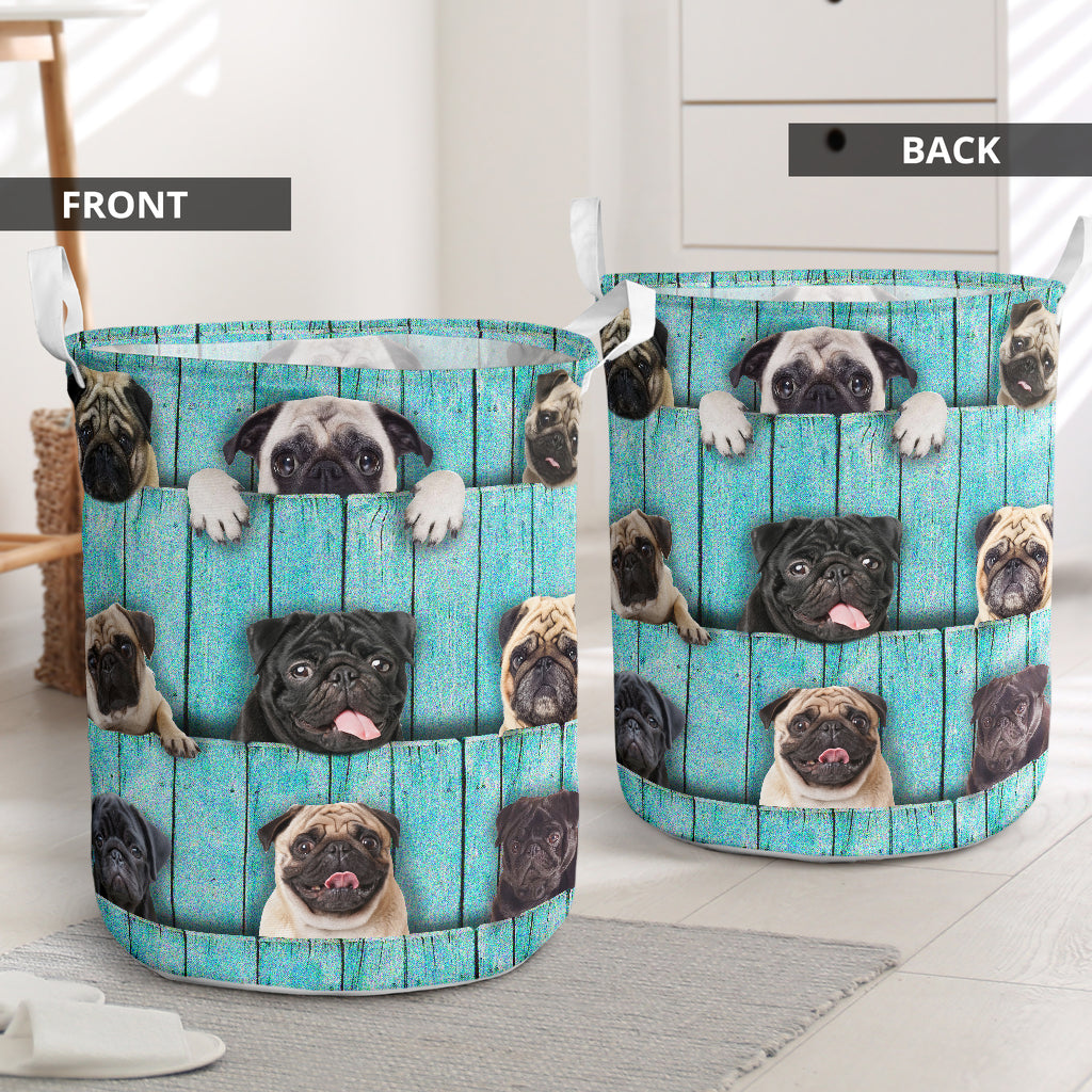 Pug Wood Blue Laundry Basket For Room Home Organizer