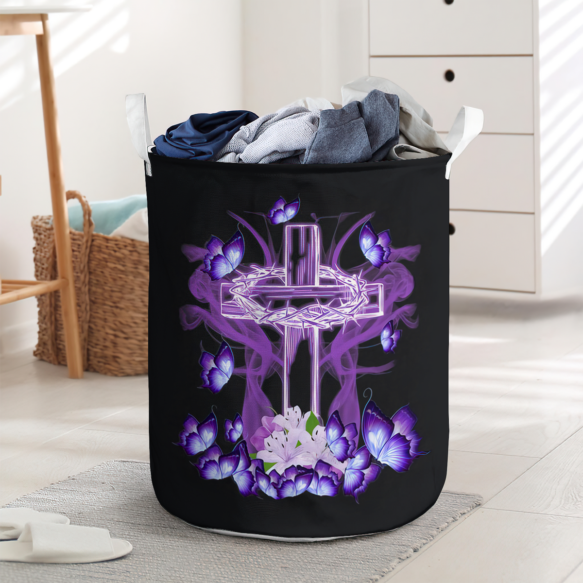 Beautiful Purple Cross Butterfly Laundry Basket For Bathroom Bedroom Storage