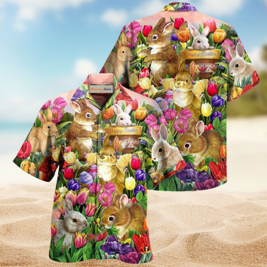 Rabbit Tulip Garden Hawaiian Shirt For Summer Vacation, Beach Travel, And Casual Wear