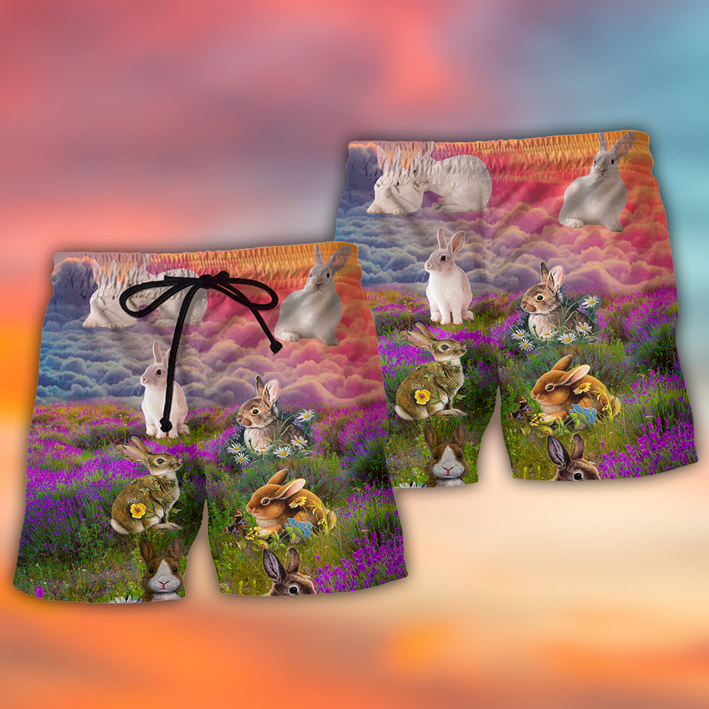 Rabbit Floral Grass Field Beach Shorts Pattern View For Wildlife Fans And Beach Days
