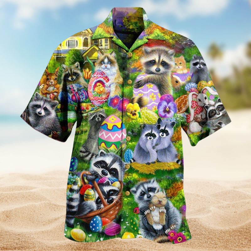Raccoon Egg Hunter Hawaiian Shirt For Summer Vacation, Beach Travel, And Casual Wear