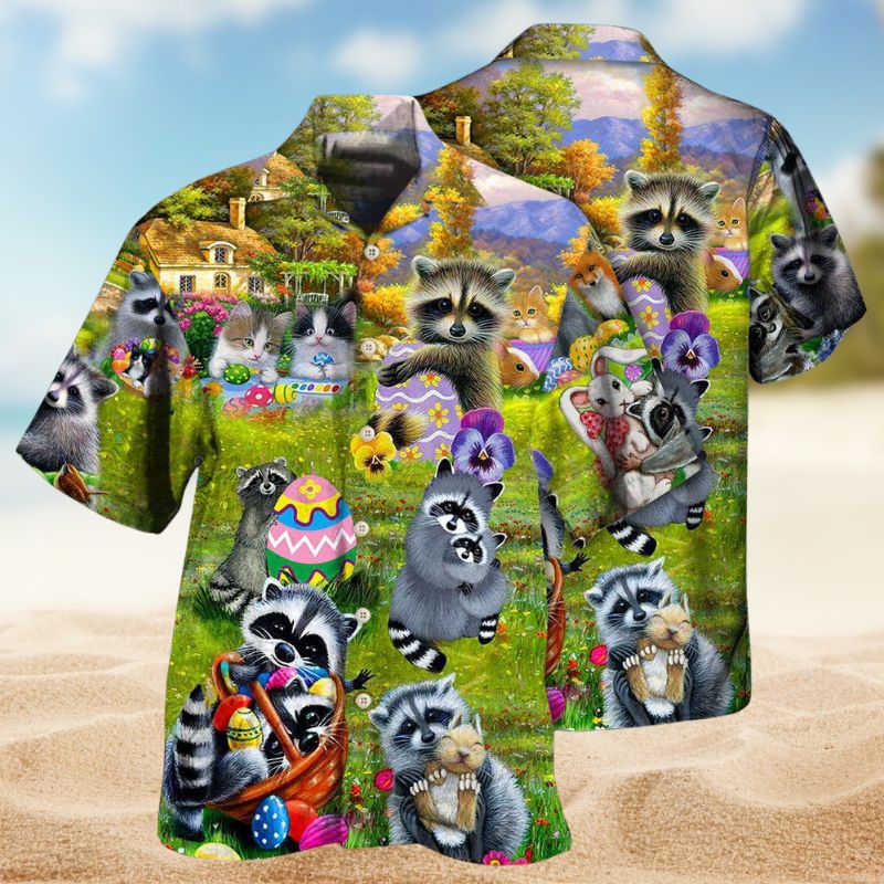 Raccoon Egg Hunter Hawaiian Shirt For Summer Vacation, Beach Travel, And Casual Wear