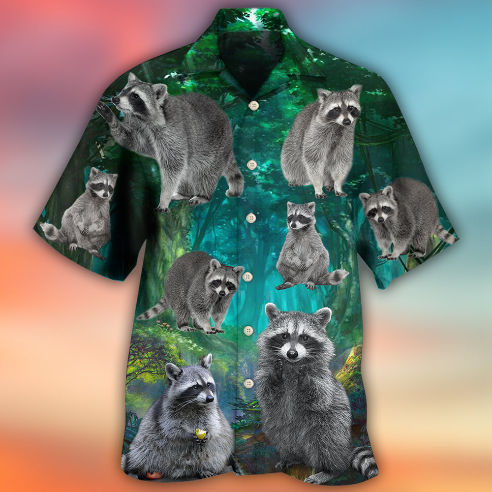 Green Raccoon Hawaiian Shirt Pattern View For Relaxed Warm Weather Outfits
