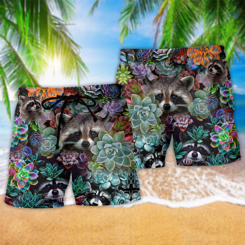 Raccoon Succulent Beach Shorts Pattern Detail For Weekend Travel And Laid Back Daily Wear