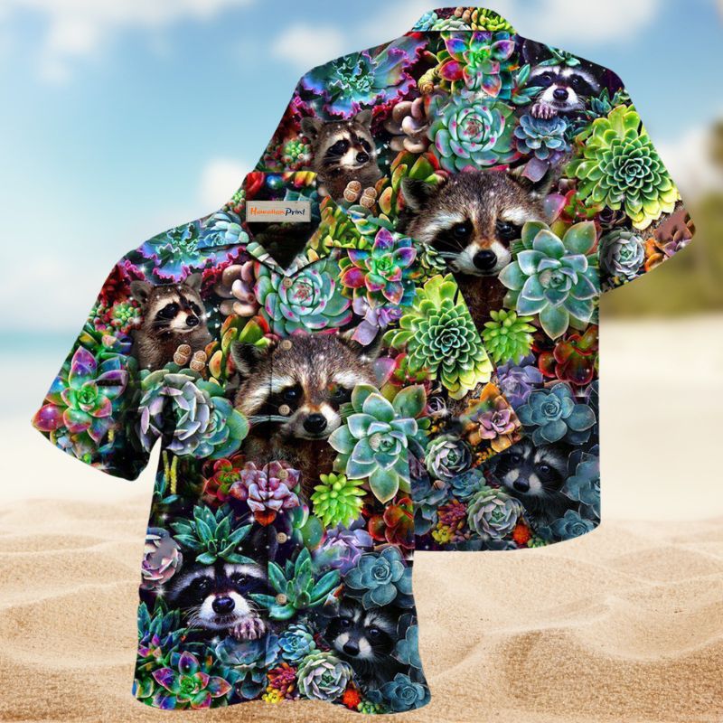 Raccoon Succulent Hawaiian Shirt For Island Vacations, Resort Wear, And Relaxed Seasonal Style