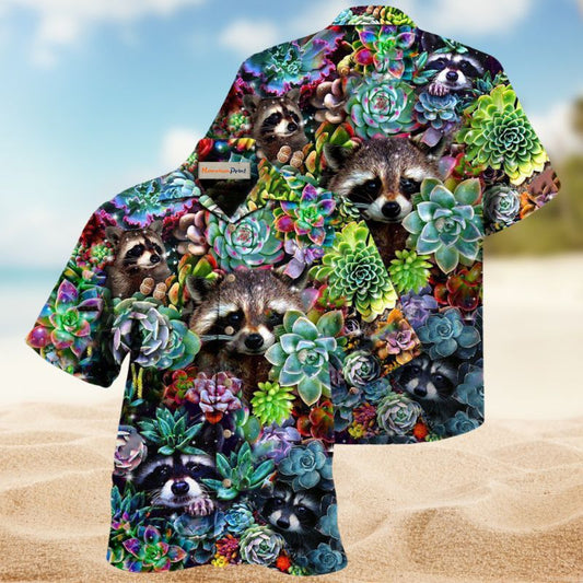 Raccoon Succulent Hawaiian Shirt For Island Vacations, Resort Wear, And Relaxed Seasonal Style
