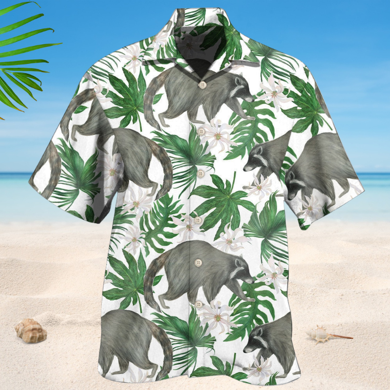 Tropical Raccoon Leaf Hawaiian Shirt For Coastal Travel, Casual Events, And Comfortable Summer Wear