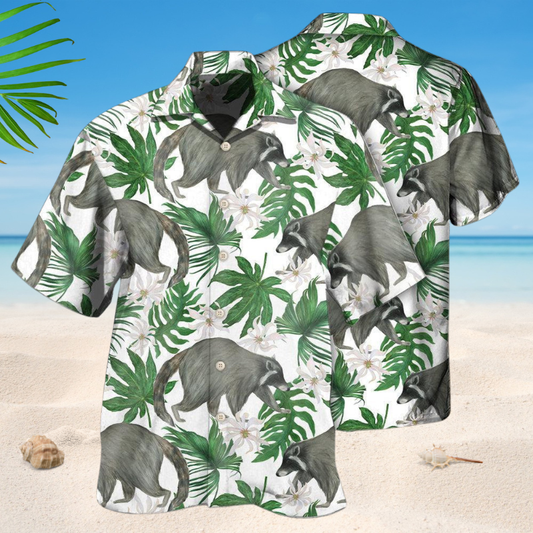 Tropical Raccoon Leaf Hawaiian Shirt For Coastal Travel, Casual Events, And Comfortable Summer Wear
