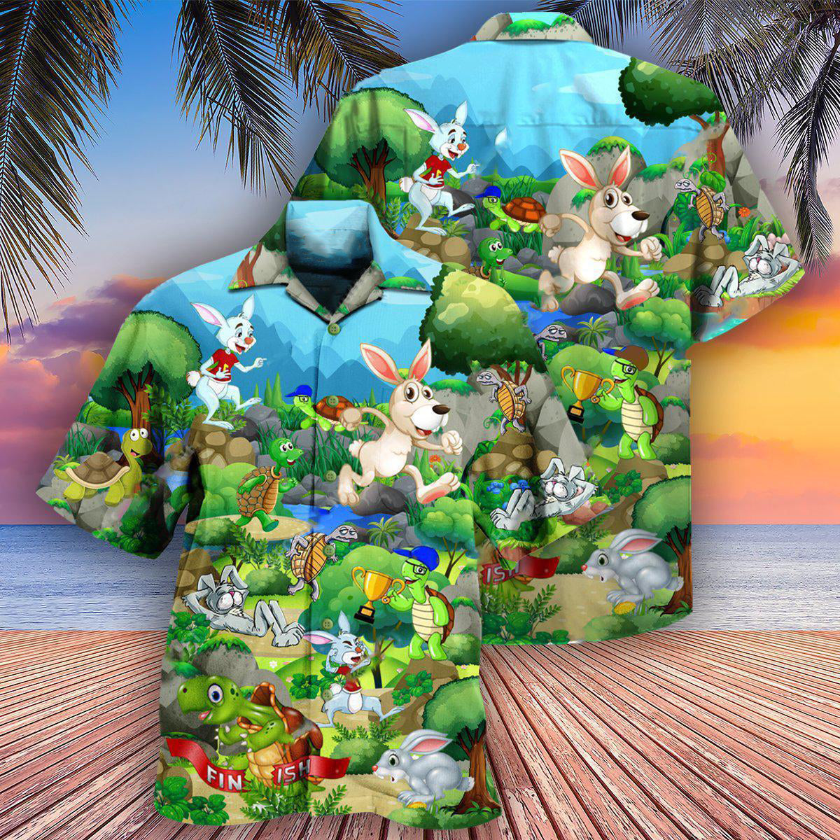 Rabbit Turtle Race Between Arrogant Hawaiian Shirt Design View For Casual Summer Styling