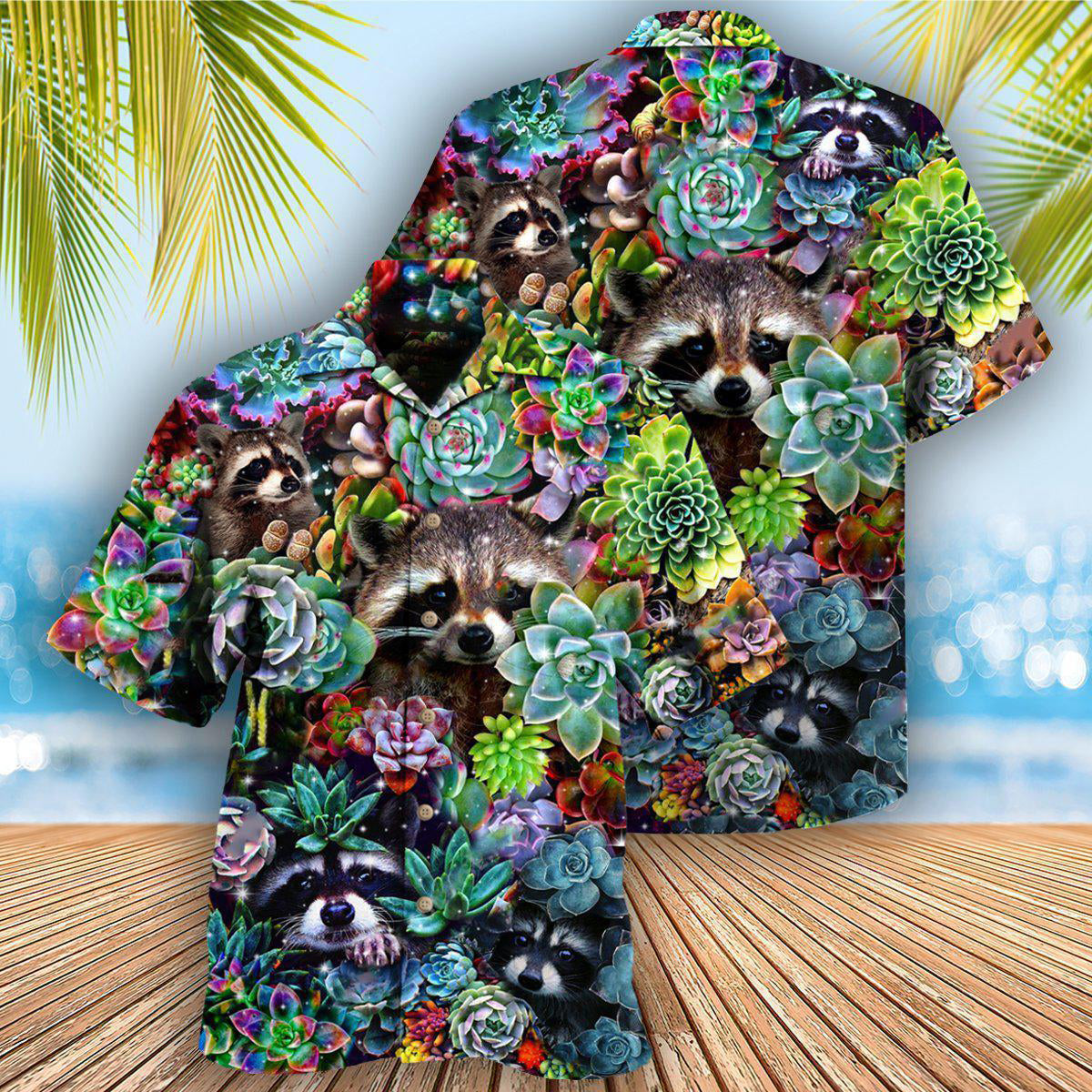 Raccoon And Succulent Plant Hawaiian Shirt With Detailed Graphic For Beach Getaways Resort Outings And Thoughtful Gifting