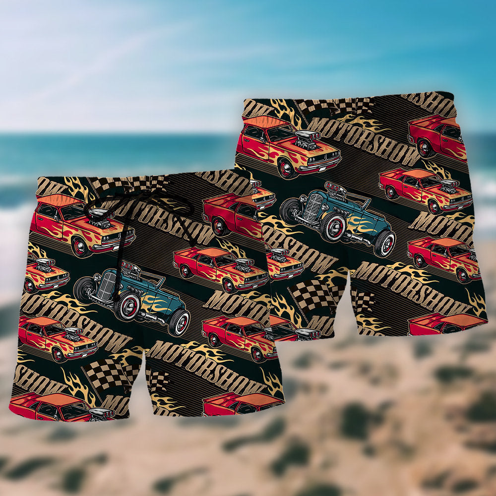 Car Racing Motorshow Fire Beach Shorts Pattern Detail For Relaxed Warm Weather Outfits