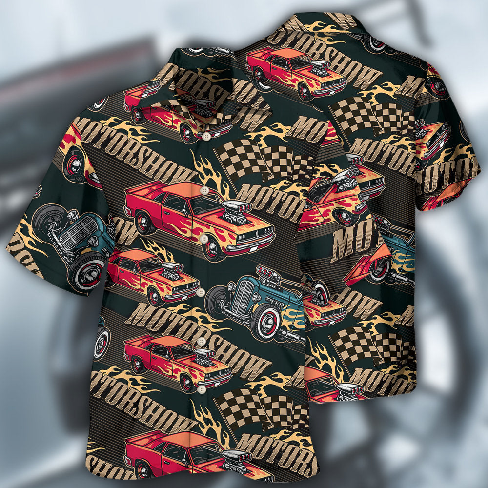 Flame Racing Car Hawaiian Shirt With Detailed Graphic For Summer Travel Coastal Events And Thoughtful Gift Giving