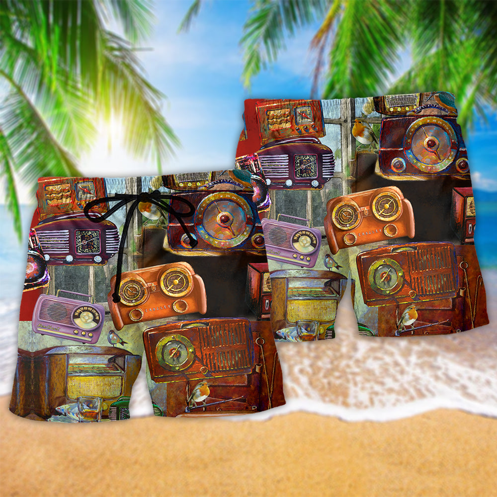 Vintage Radio Peaceful Morning Beach Shorts Design Detail For Casual Warm Weather Outfits