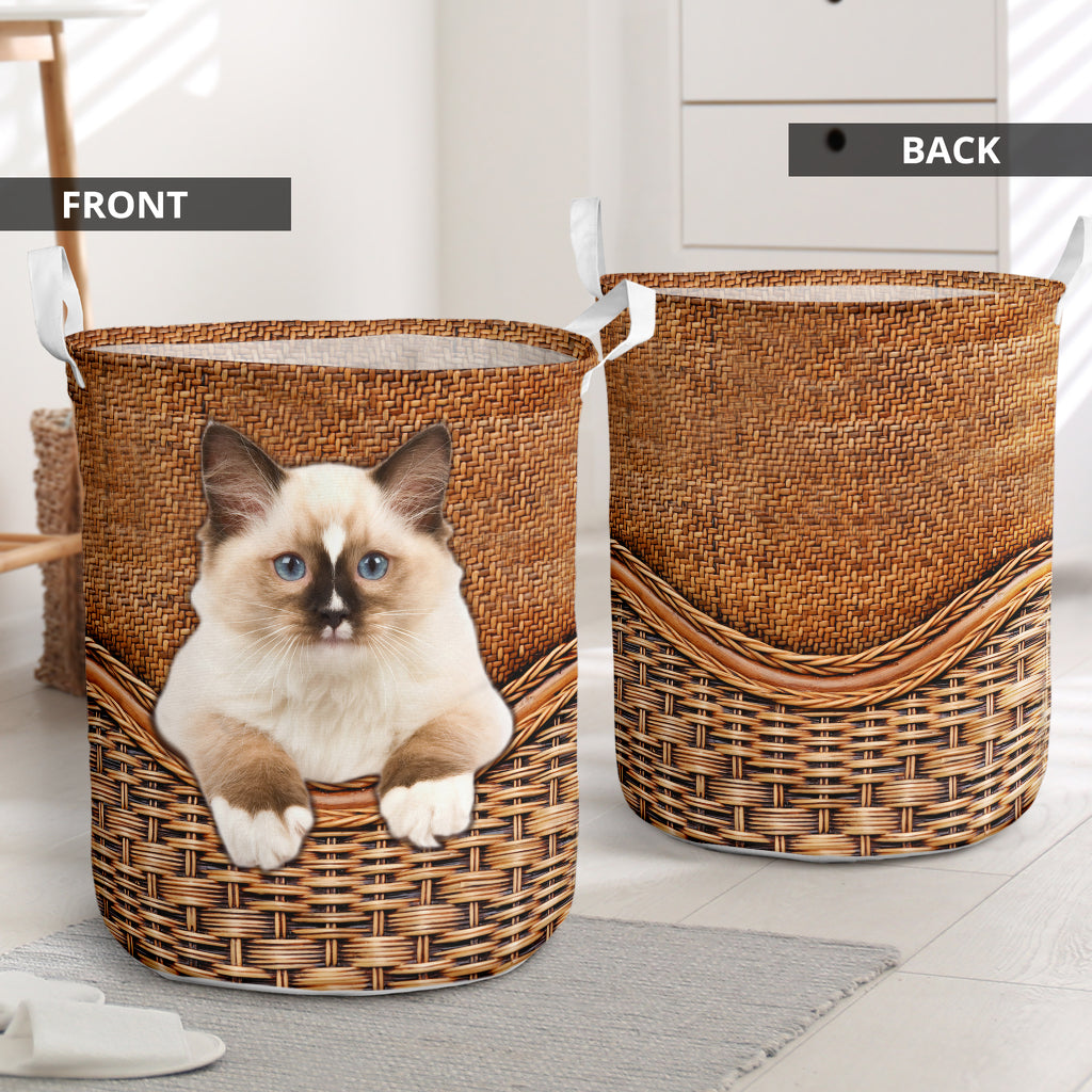 Ragdoll Cat Rattan Texture Laundry Basket For Room Home Organizer