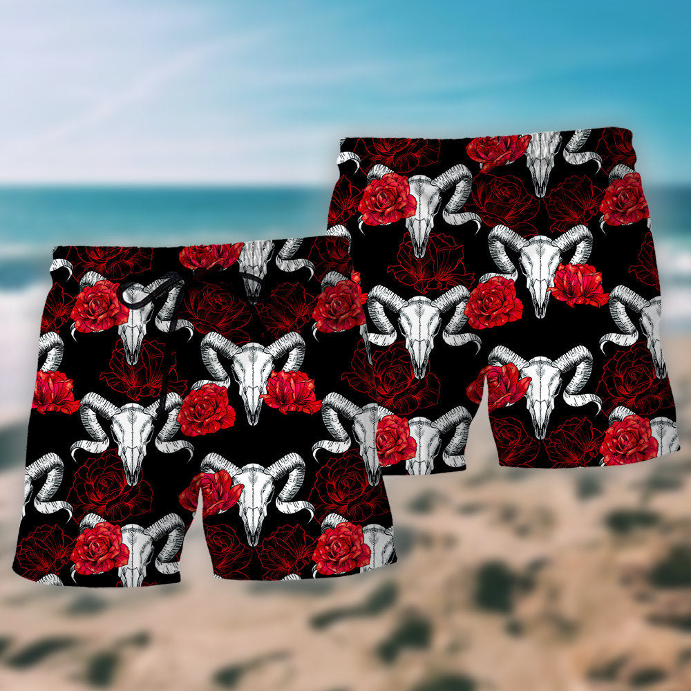 Skull Rose And Ram Artistic Symbol Beach Shorts For Tropical Getaways And Weekend Adventures