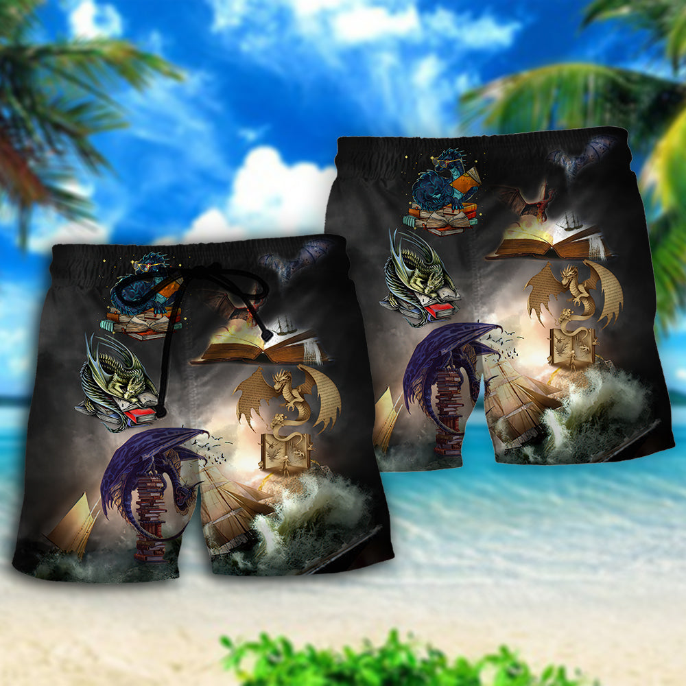 Dragon And Book Fantasy Reading Beach Shorts For Coastal Adventures And Relaxed Summer Wear