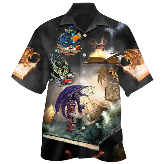 Fantasy Creative Reading Book Dragon Hawaiian Shirt For Tropical Holidays, Outdoor Gatherings, And Everyday Comfort