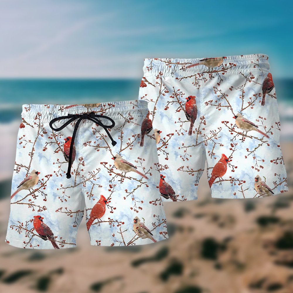 Cardinal Bird Winter Nature Beach Shorts Design View For Poolside Relaxation And Holiday Trips