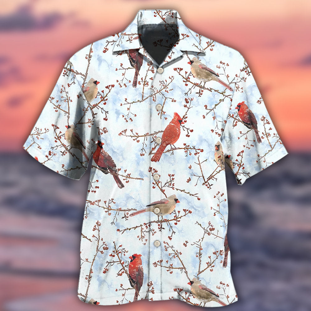 Winter Red Cardinal Bird Hawaiian Shirt With All Over Print For Resort Travel Summer Outings And Casual Gatherings