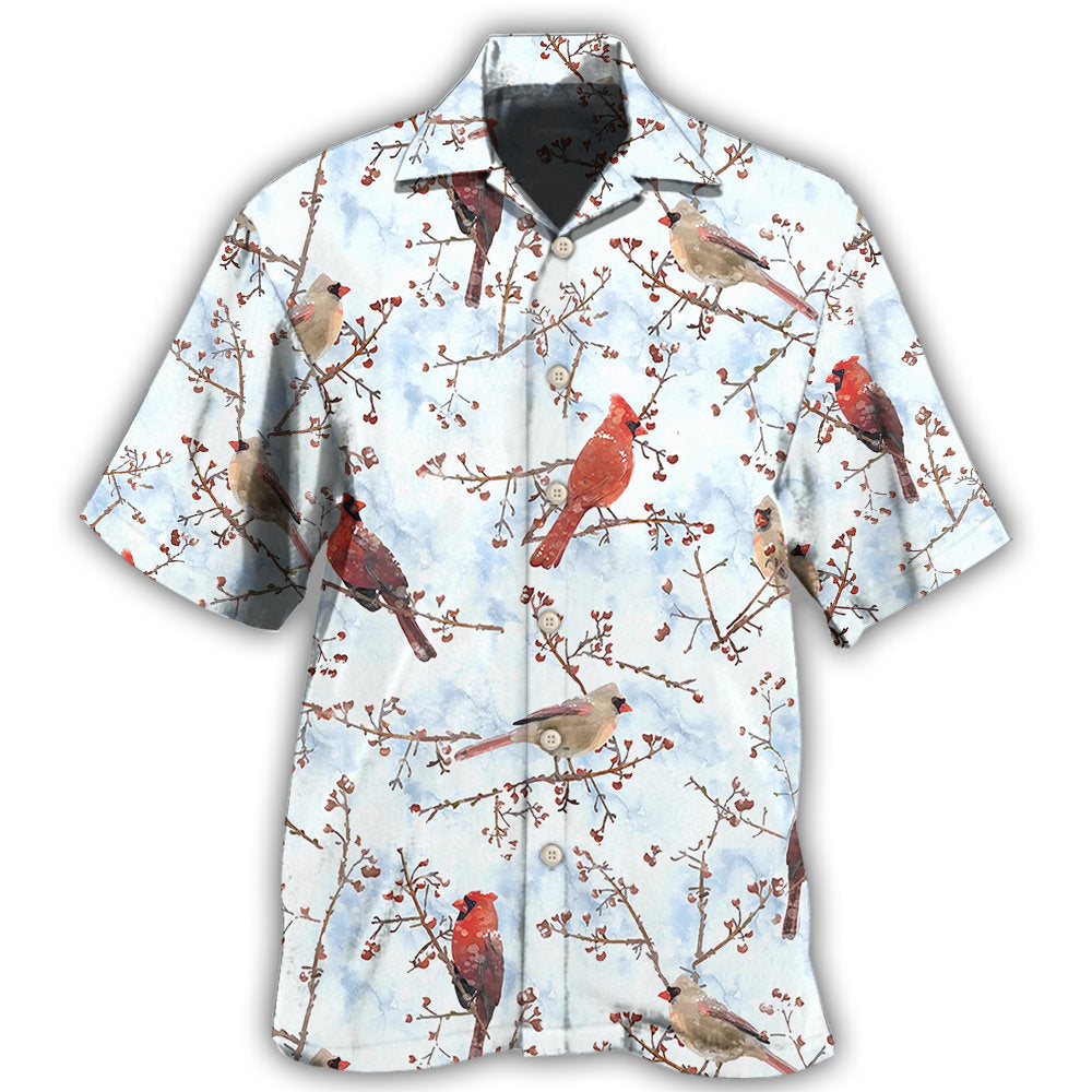 Creative Winter Red Cardinals Nature Hawaiian Shirt For Tropical Holidays, Outdoor Gatherings, And Everyday Comfort