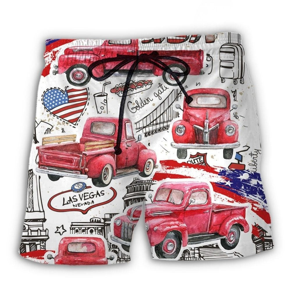 Red Truck US Flag Independence Day Beach Shorts For Coastal Adventures And Relaxed Summer Wear