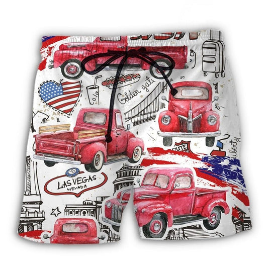 Red Truck US Flag Independence Day Beach Shorts For Coastal Adventures And Relaxed Summer Wear