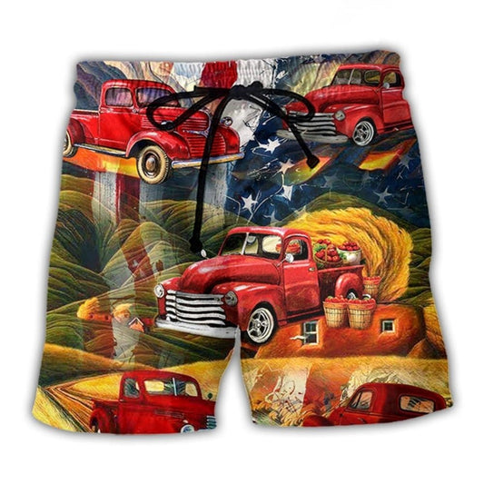 Red Vintage Car Independence Day Beach Shorts Design View For Summer Events And Coastal Getaways
