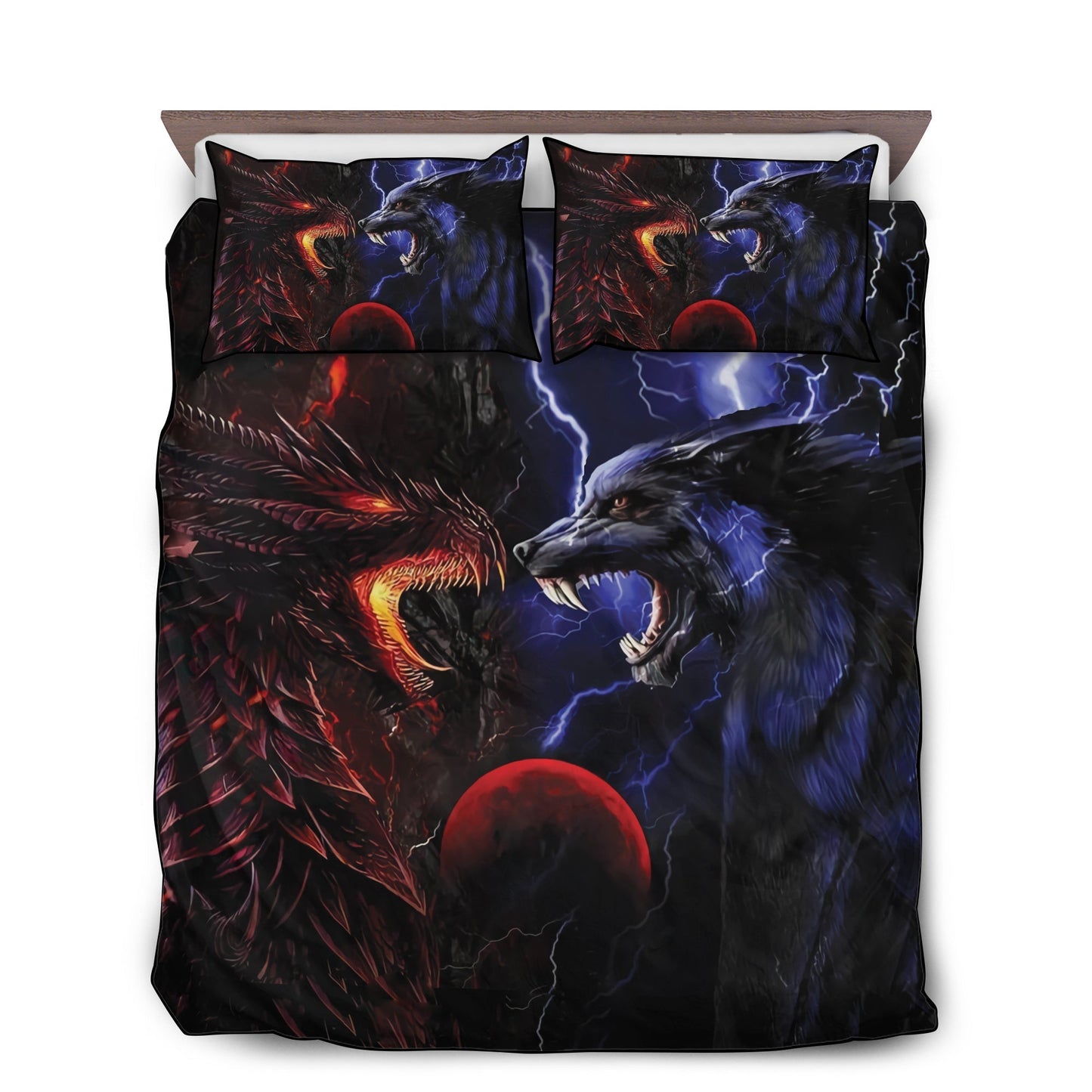 Red And Blue Dragon And Wolf Fantasy Bedding Cover For Fantasy Bedroom Decor