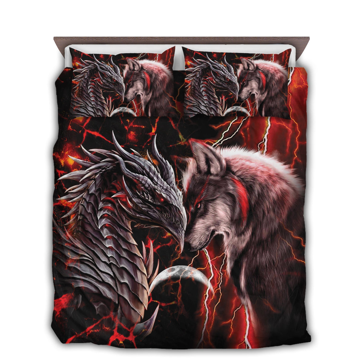 Red Dragon And Wolf Fantasy Bedding Cover For Fantasy Bedroom Decor