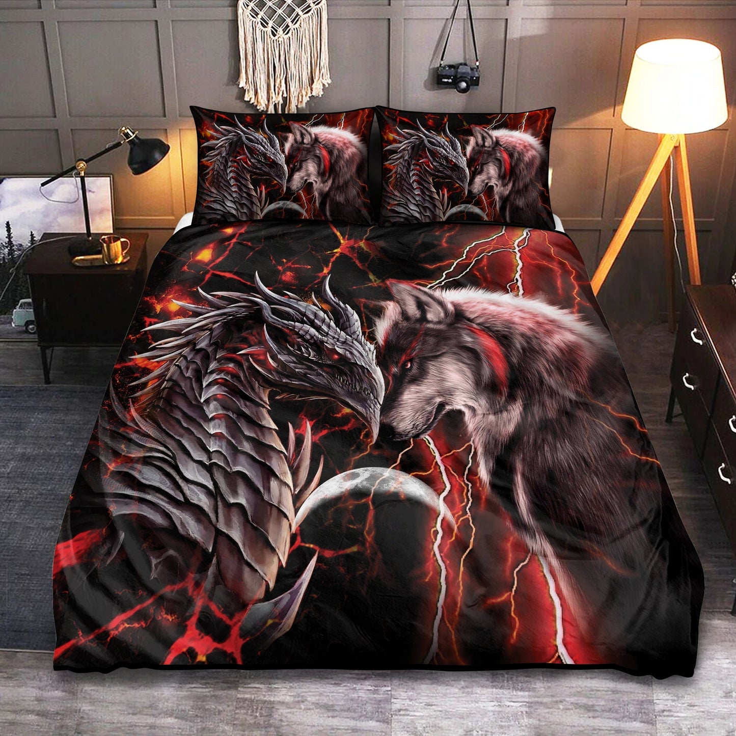 Red Dragon And Wolf Fantasy Bedding Cover For Fantasy Bedroom Decor