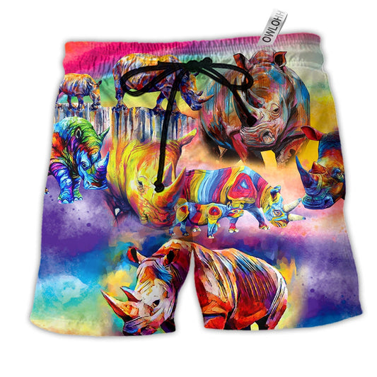 Rhino Painting Colorful Style Hawaiian Print Beach Shorts For Beach Days And Casual Travel