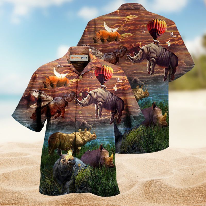 Rhino Creative Pattern Hawaiian Shirt For Island Vacations, Resort Wear, And Relaxed Seasonal Style