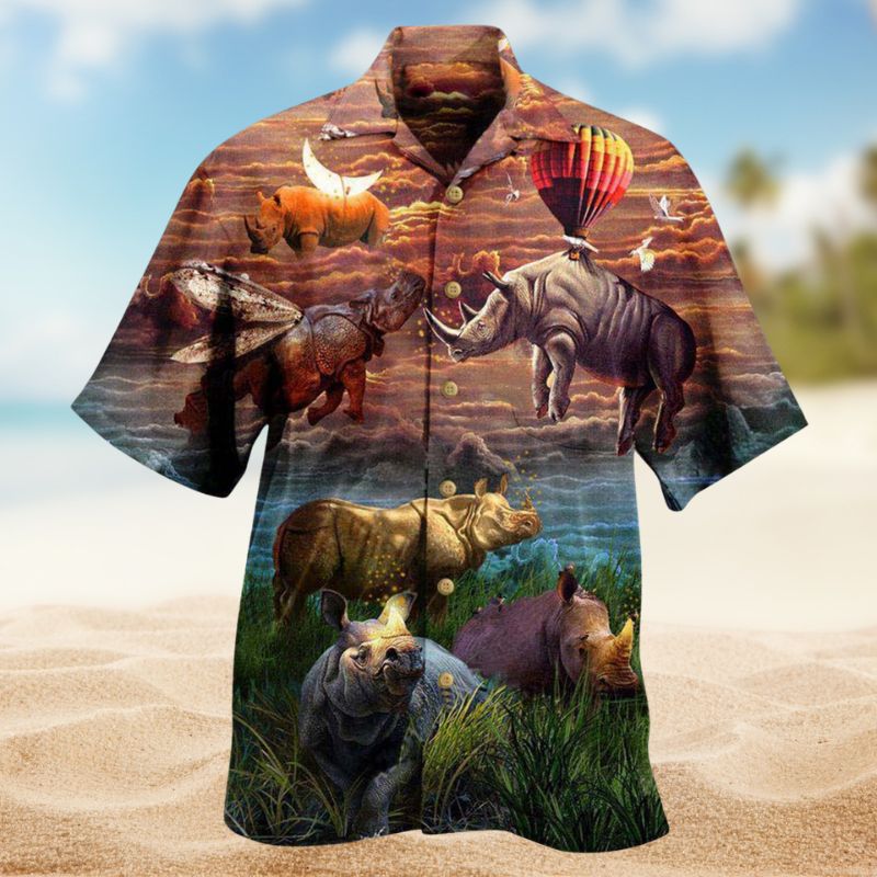Rhino Creative Pattern Hawaiian Shirt For Island Vacations, Resort Wear, And Relaxed Seasonal Style
