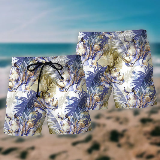 Rhino Tropical Leaf Wildlife Beach Shorts Graphic Detail For Resort Trips And Casual Outings