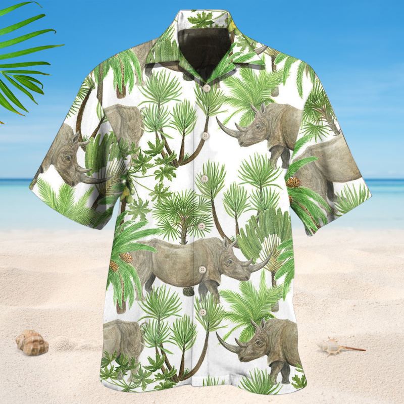 Tropical Rhino Leaf Hawaiian Shirt For Tropical Holidays, Outdoor Gatherings, And Everyday Comfort