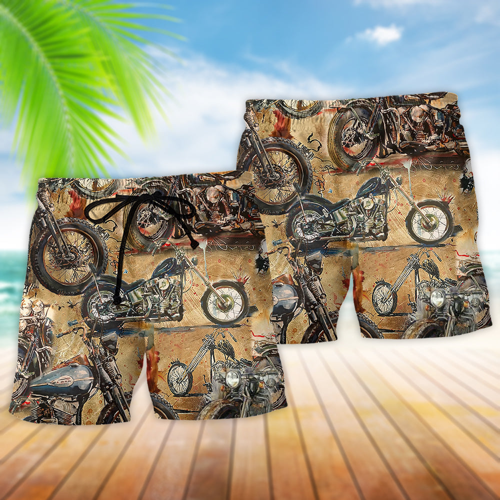 Vintage Motorcycle Ride Life Beach Shorts Pattern View For Resort Days And Outdoor Activities