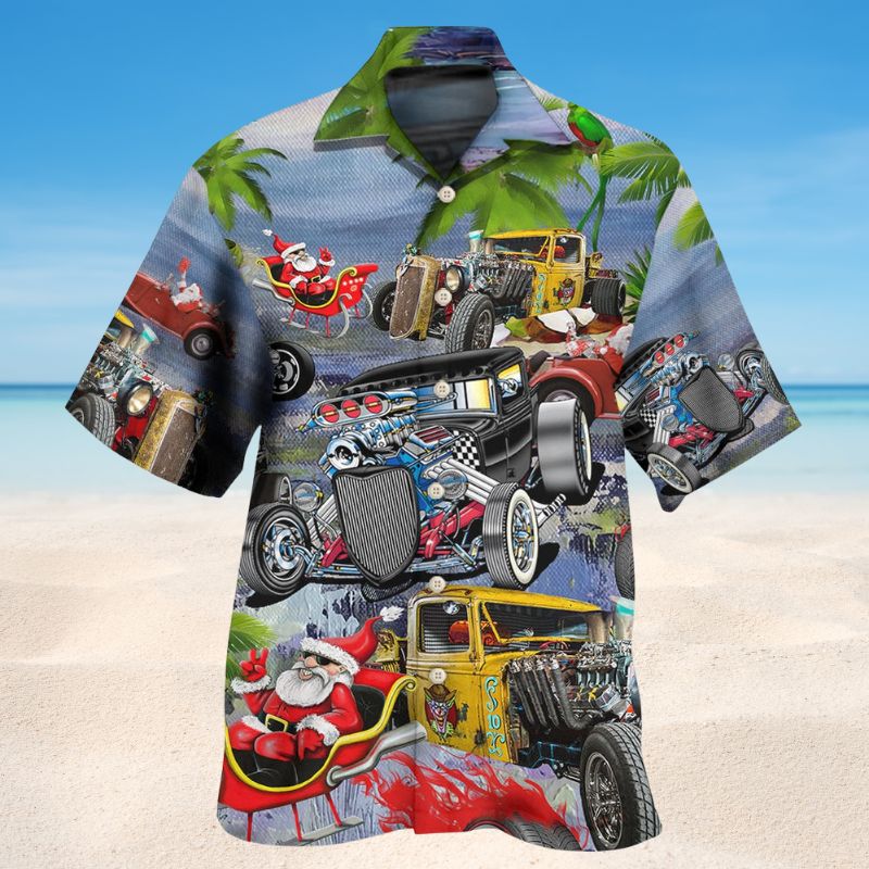 Riding Hot Rod Holiday Hawaiian Shirt For Holiday Parties, Tropical Vacations, And Festive Gift Giving
