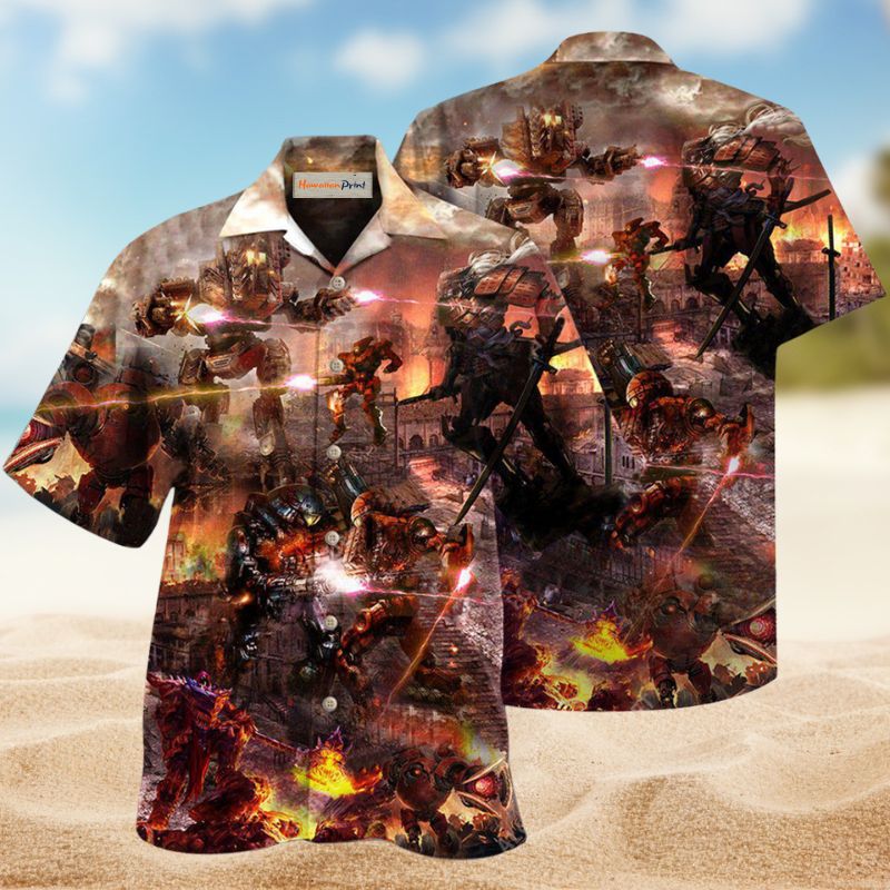Robot Battle Field Hawaiian Shirt For Tropical Holidays, Outdoor Gatherings, And Everyday Comfort