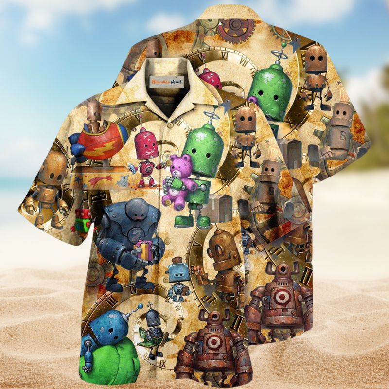 Robot Soft Hearts Hawaiian Shirt For Summer Vacation, Beach Travel, And Casual Wear