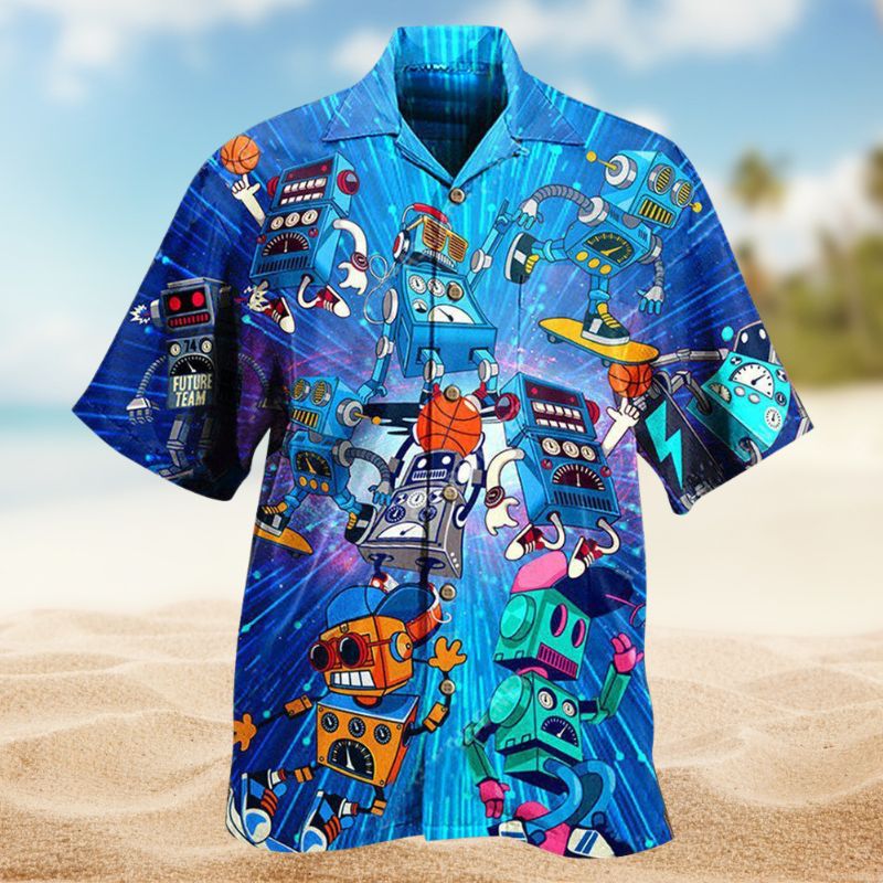 Robotic Creative Pattern Hawaiian Shirt For Island Vacations, Resort Wear, And Relaxed Seasonal Style