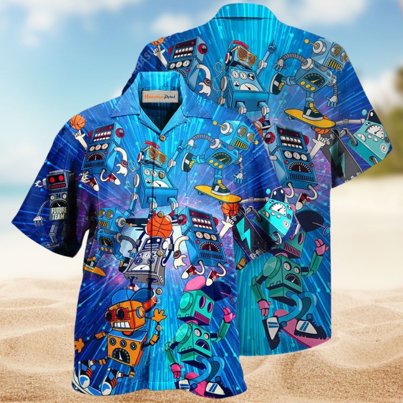 Robotic Creative Pattern Hawaiian Shirt For Island Vacations, Resort Wear, And Relaxed Seasonal Style