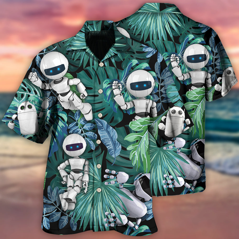 Tropical Robot Leaf Excited Hawaiian Shirt For Resort Getaways And Comfortable Summer Activities