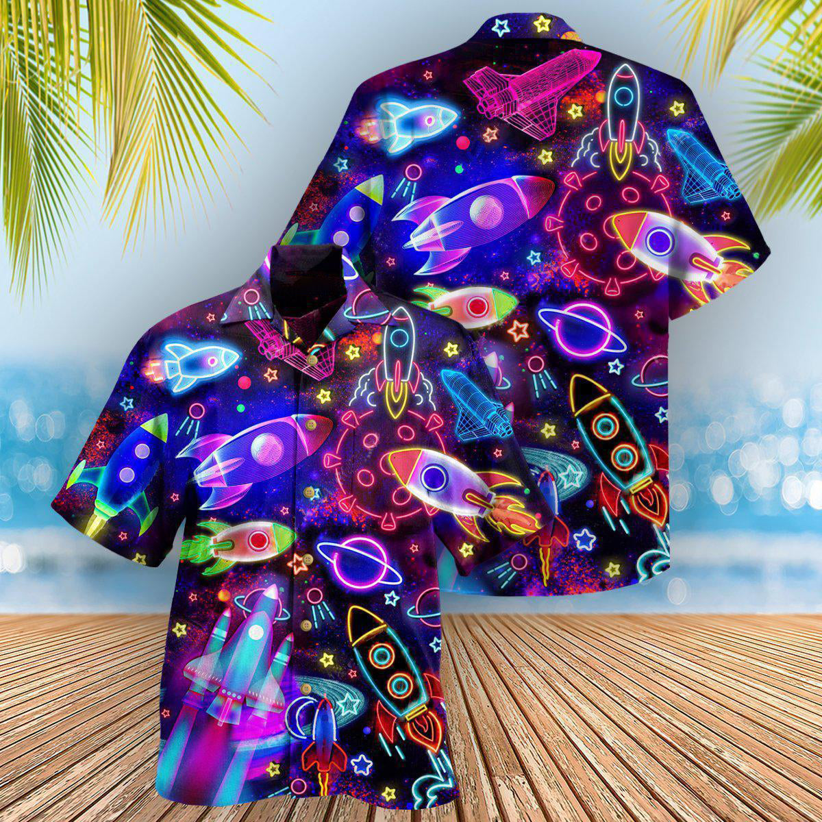 Neon Galaxy Space Rocket Hawaiian Shirt With Detailed Graphic For Resort Holidays Beach Travel And Relaxed Casual Fashion