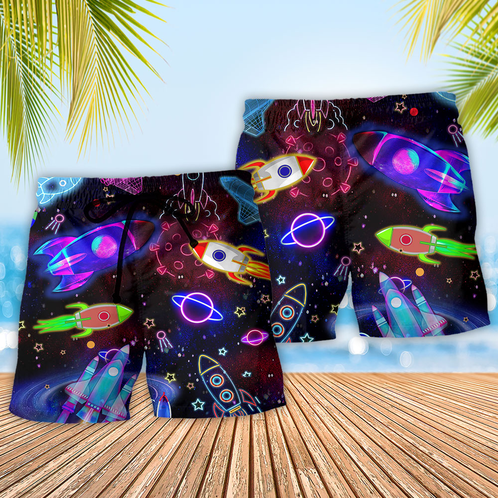 Rocket Shoot For The Stars Galaxy Beach Shorts Design View For Summer Events And Coastal Getaways