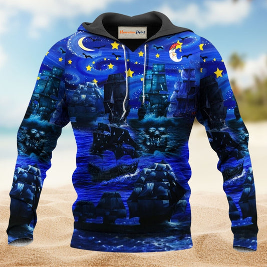 Blue Romantic Pirate Ship Hoodie For Bold Streetwear Seasonal Events And Comfortable Layering