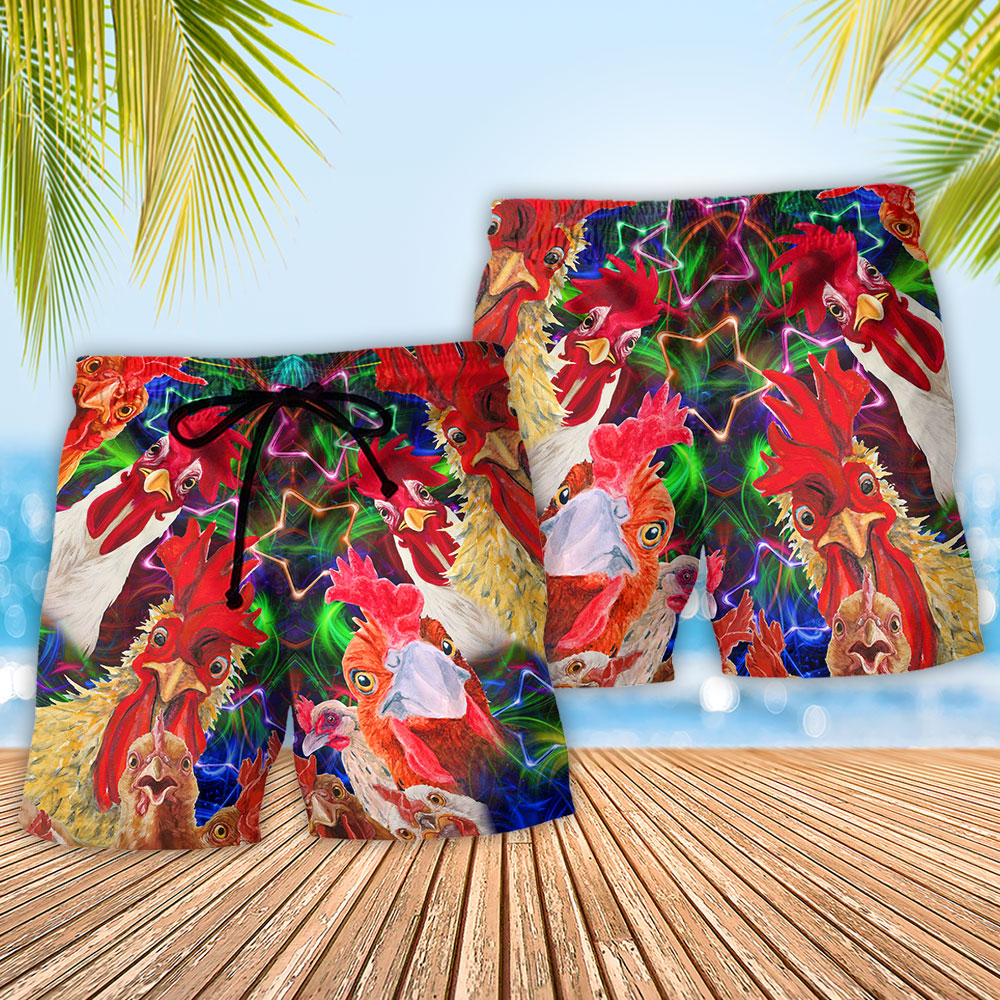 Rooster Oh Cluck Farmer Beach Shorts Pattern Detail For Island Trips And Relaxed Casual Style